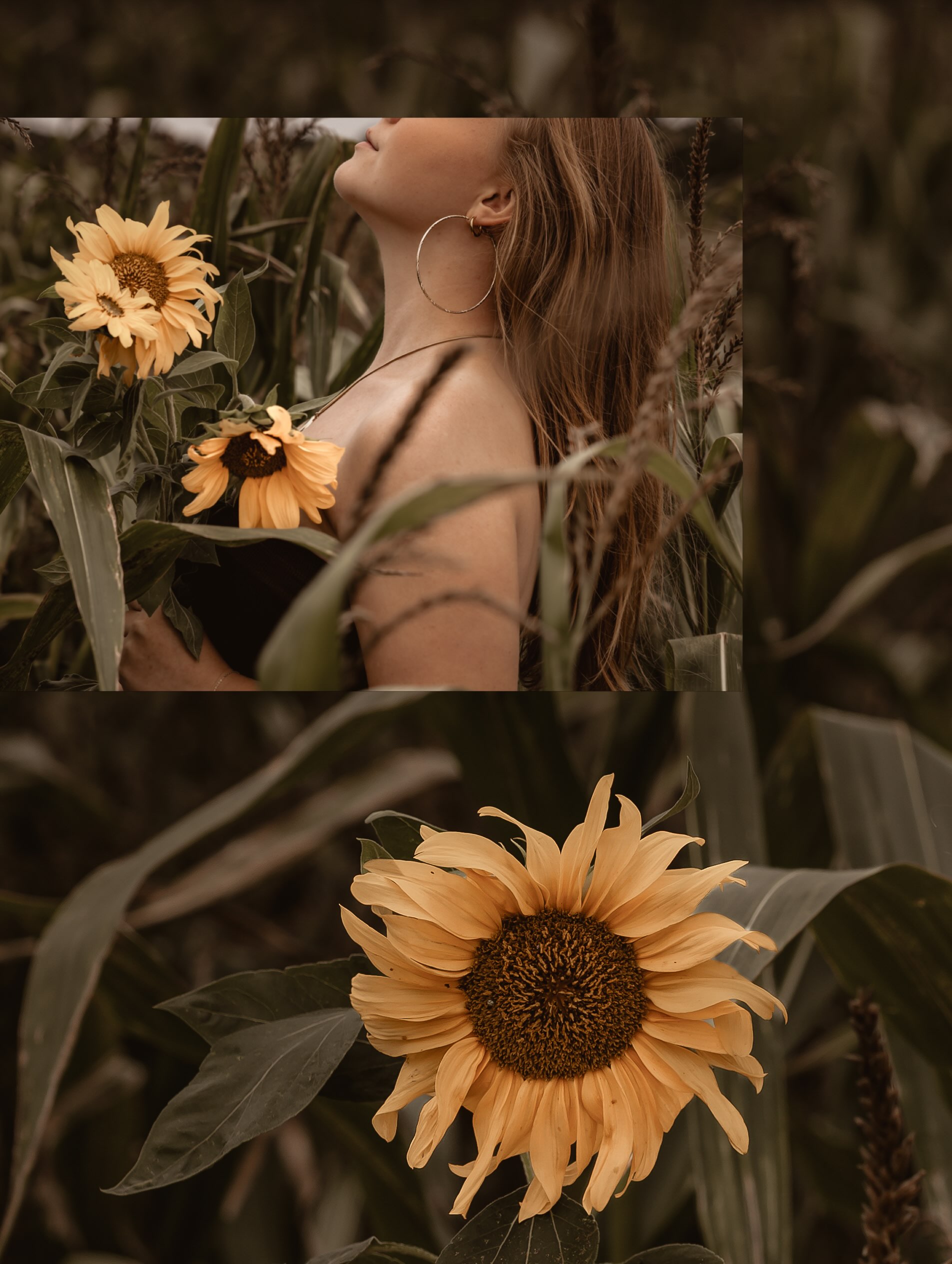 Fotocollage van een portret met zonnebloemen
