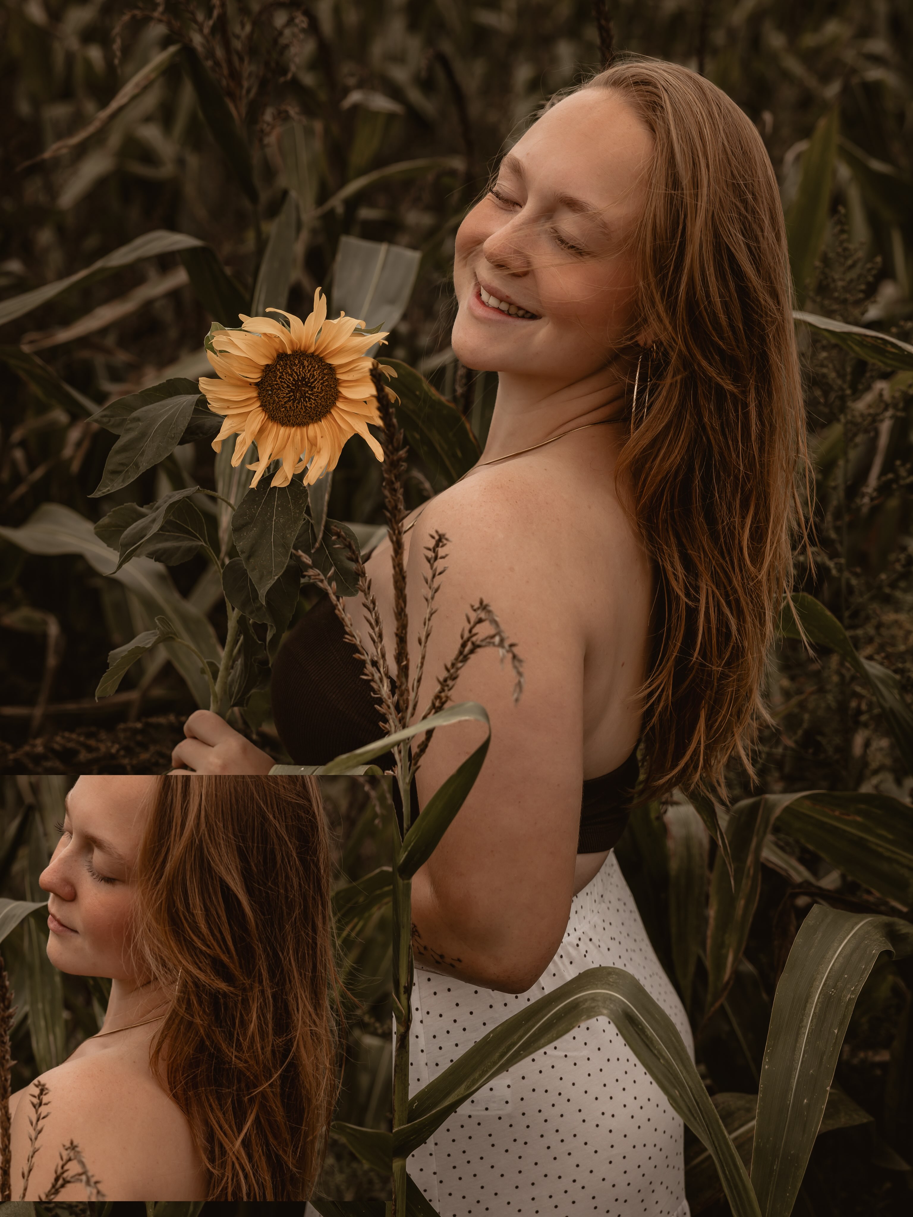 Fotocollage van een vrouw met zonnebloemen
